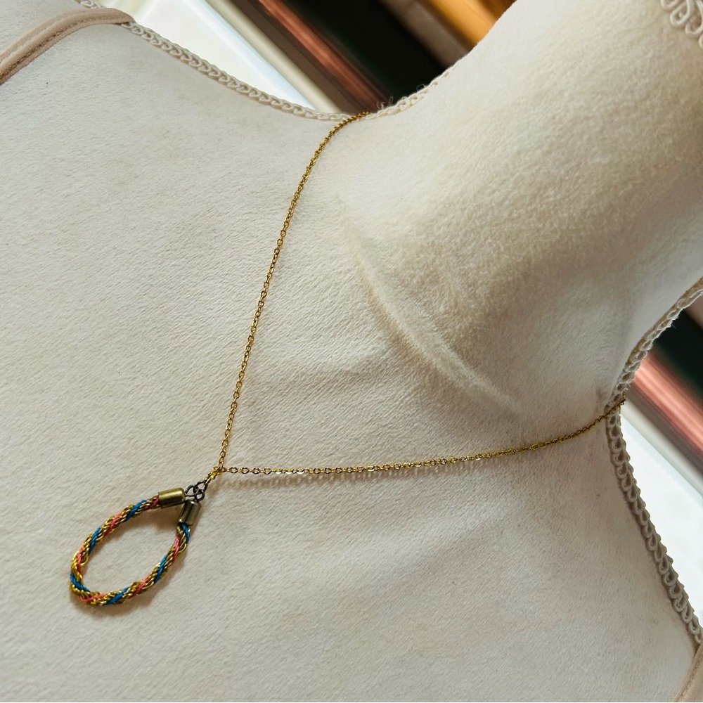 Vintage pink blue and gold braided loop pendant on chain necklace